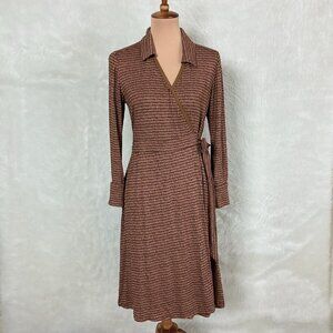 LK Bennett Enya Brown Print Jersey Long Sleeve Collared Wrap Dress 8